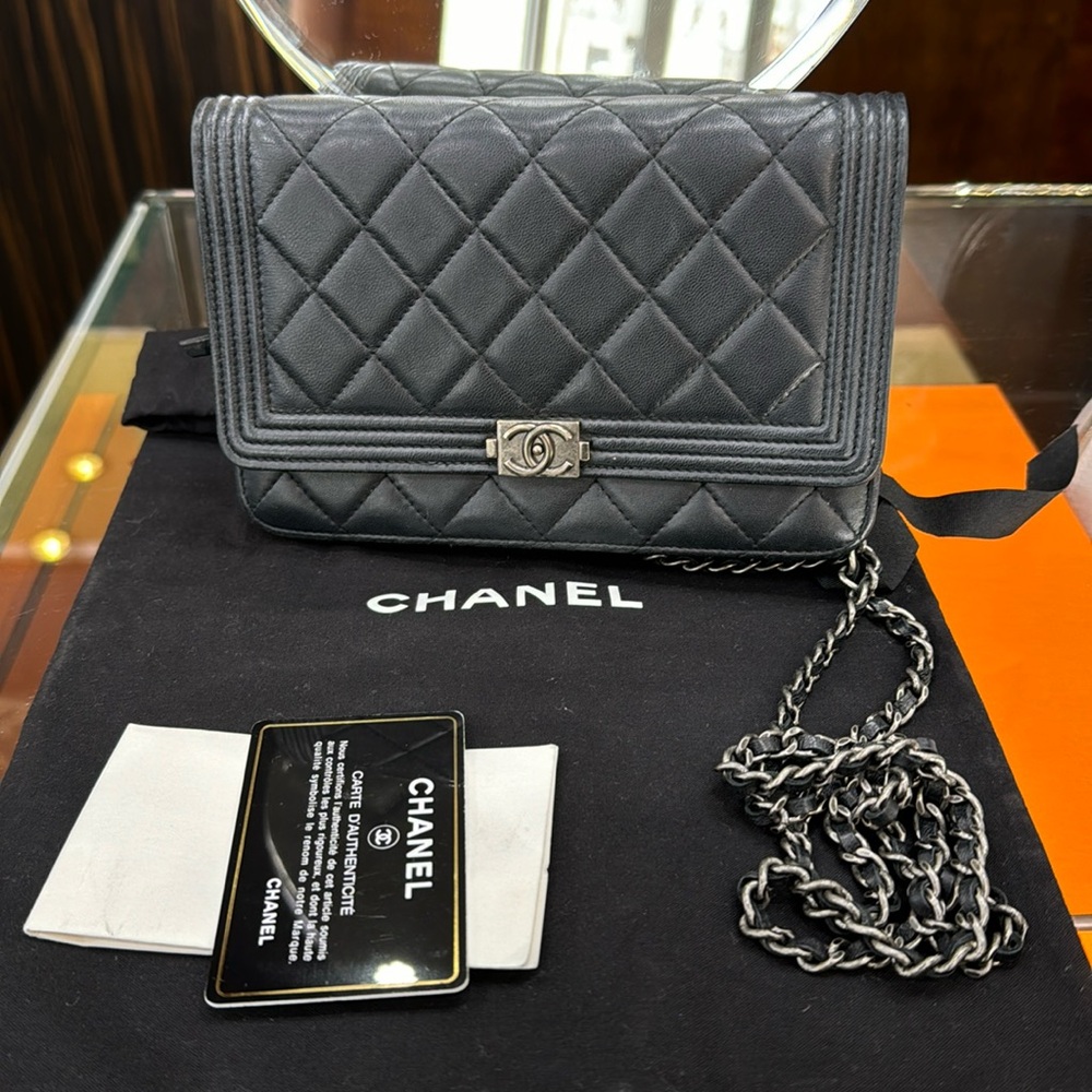 CHANEL Black Quilted Leather Boy Bag with Silver Hardware
